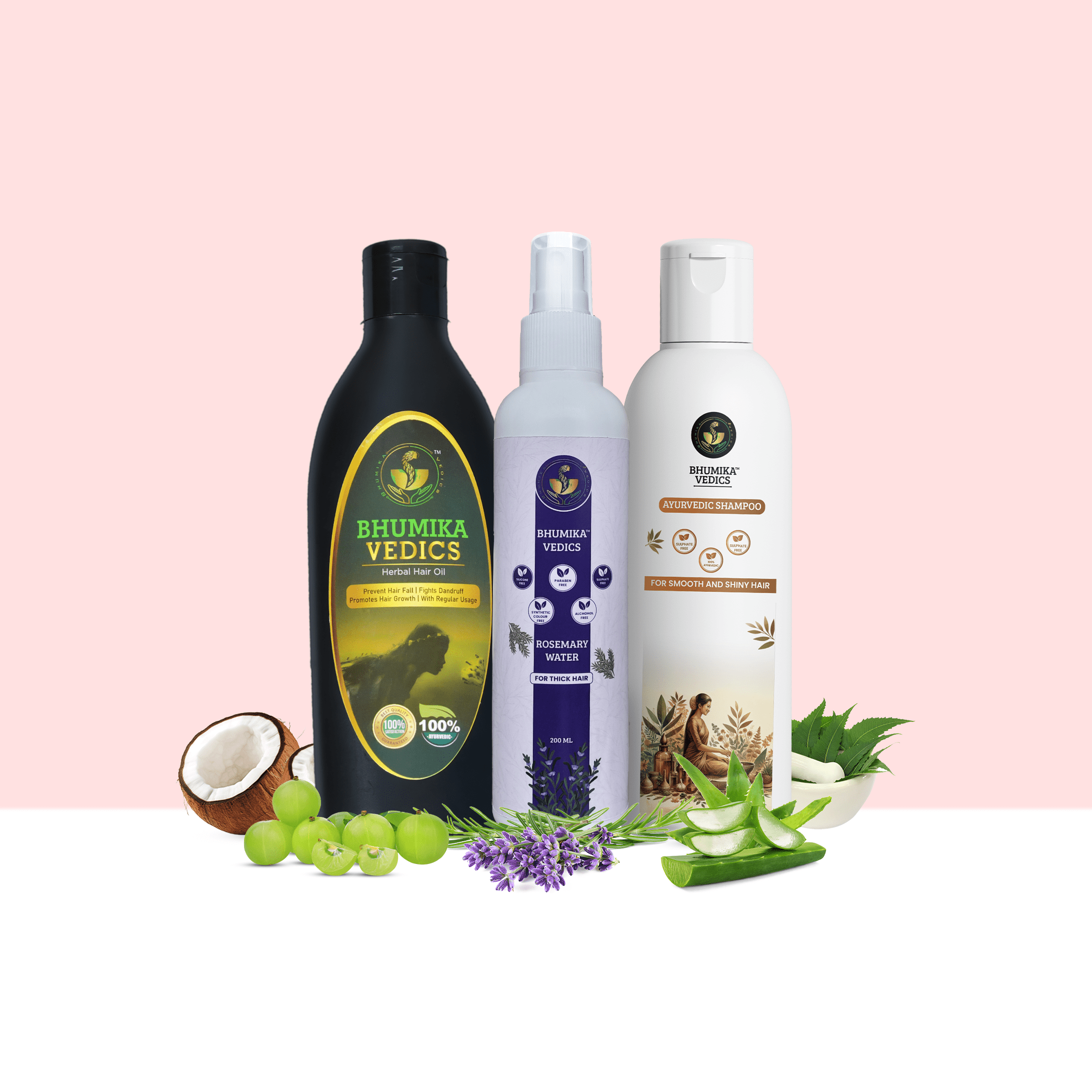 Herbal Hair Oil + Rosemary Water + Ayurvedic Shampoo (200 ml Each)